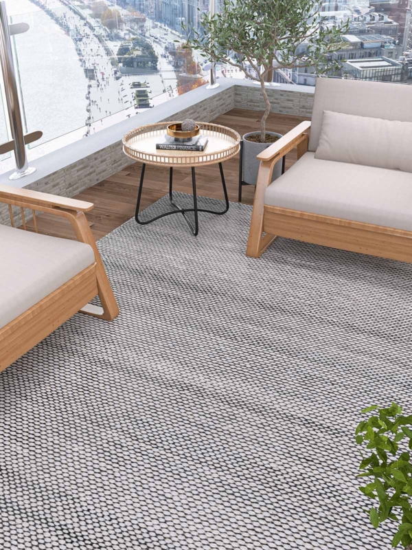 Iries 828 Ivory charcoal outdoor rug, appropriate for Australian houses